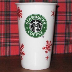 Starbucks 2010 Snowflake Ceramic Tumbler Mug Cup Red White Excellent Condition
